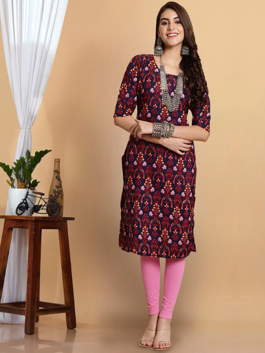 

7Threads Women Floral Printed Flared Sleeves Sequinned Floral Crepe Kurta, Multi