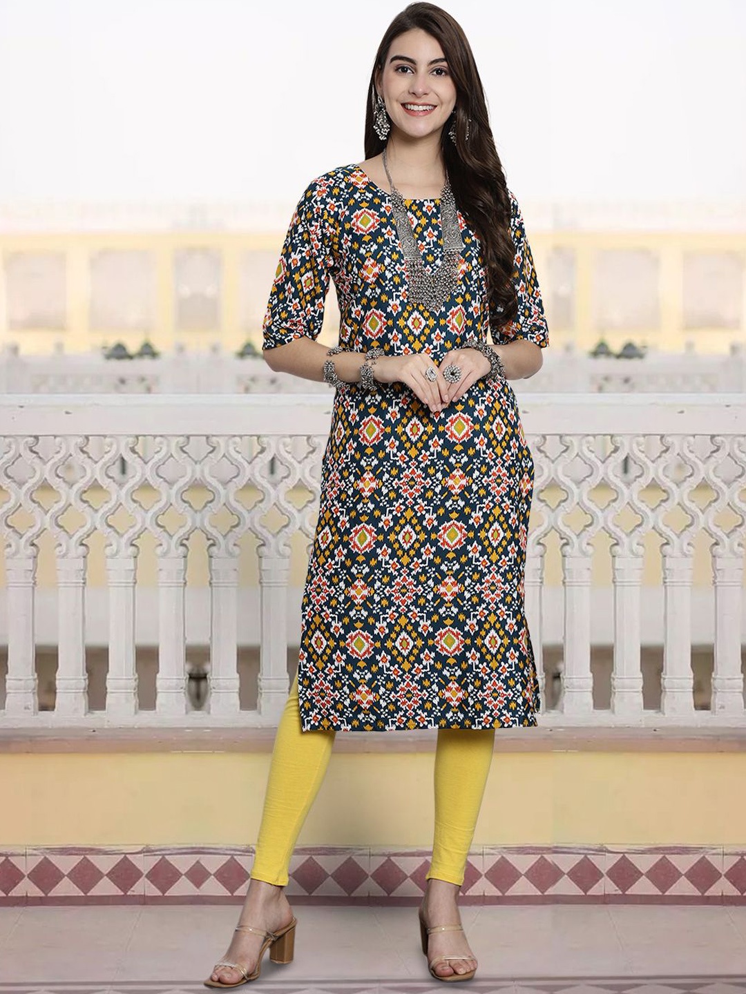 

7Threads Geometric Printed Round Neck Straight Kurta, Green
