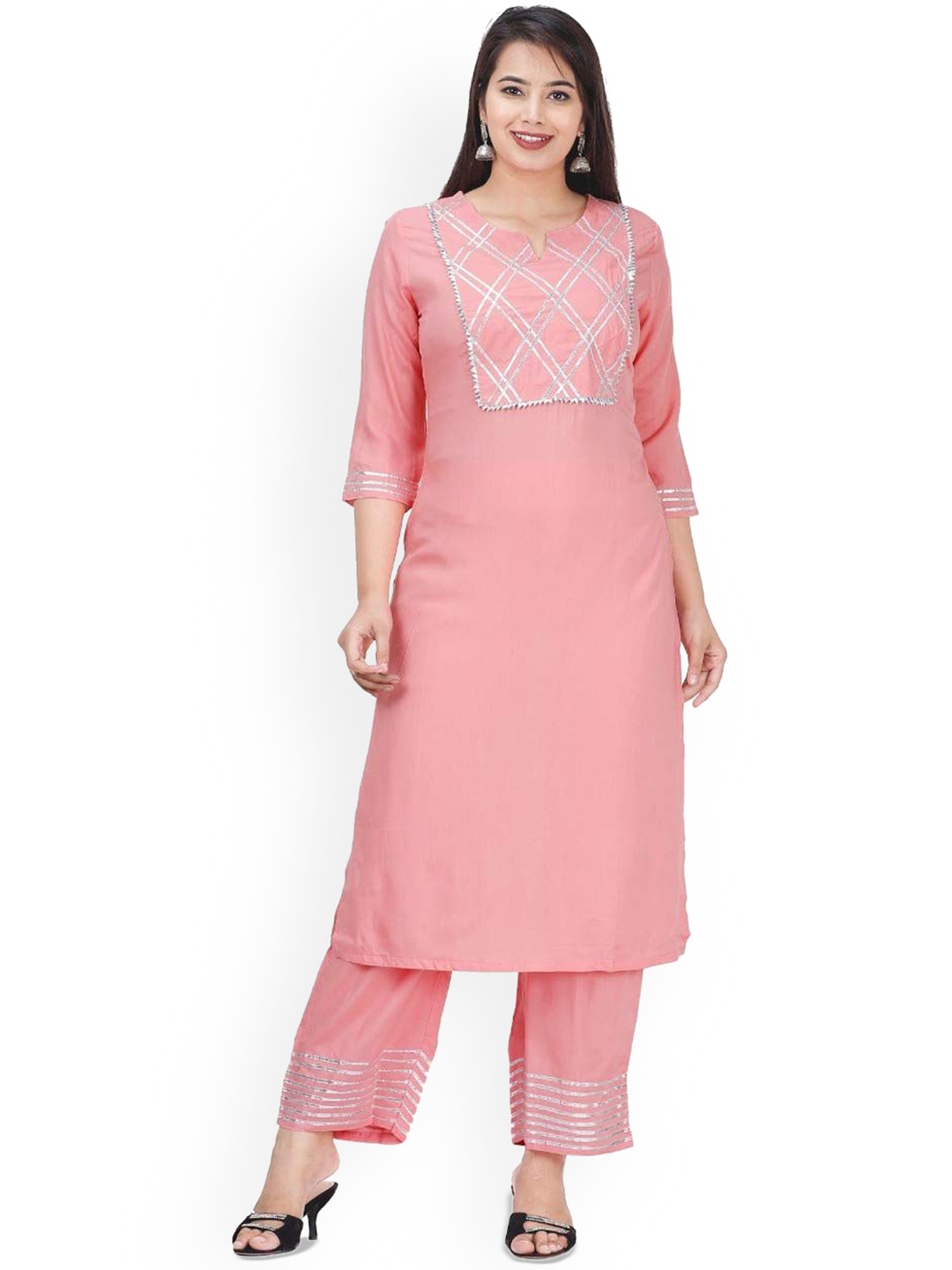 

G4Girl Women Yoke Design Regular Gotta Patti Kurta with Trousers, Pink