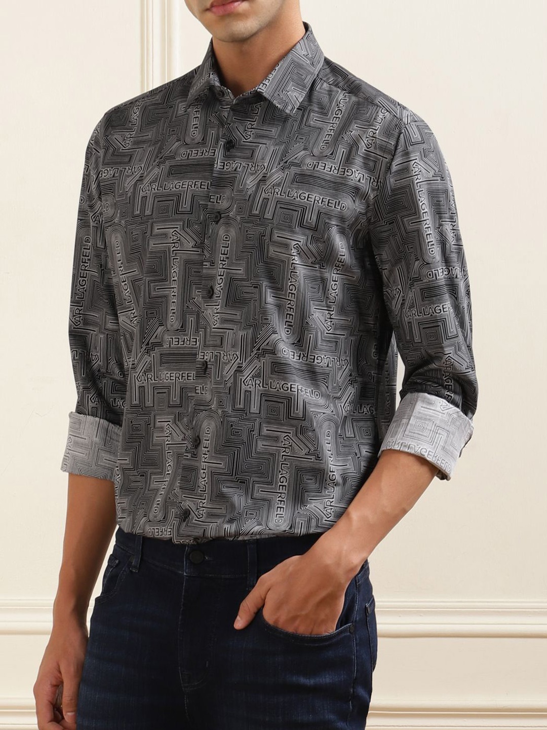 

Karl Lagerfeld Men Slim Fit Opaque Printed Formal Shirt, Black