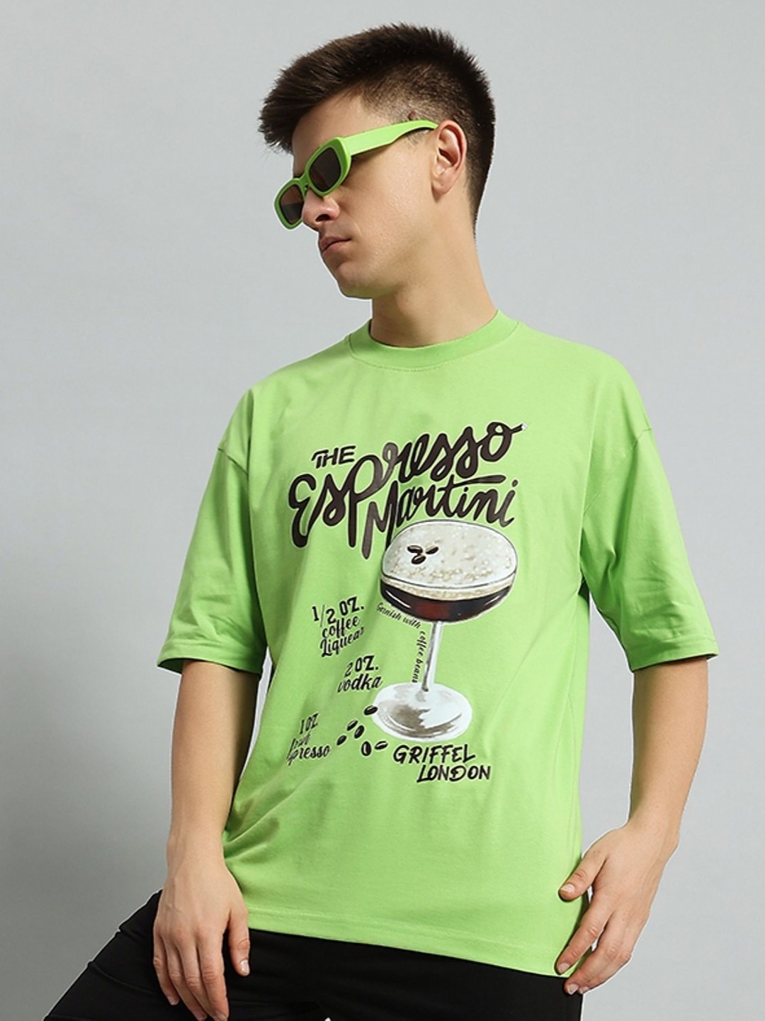 

GRIFFEL Men Graphic Printed Round Neck Cotton Oversized T-Shirt, Green
