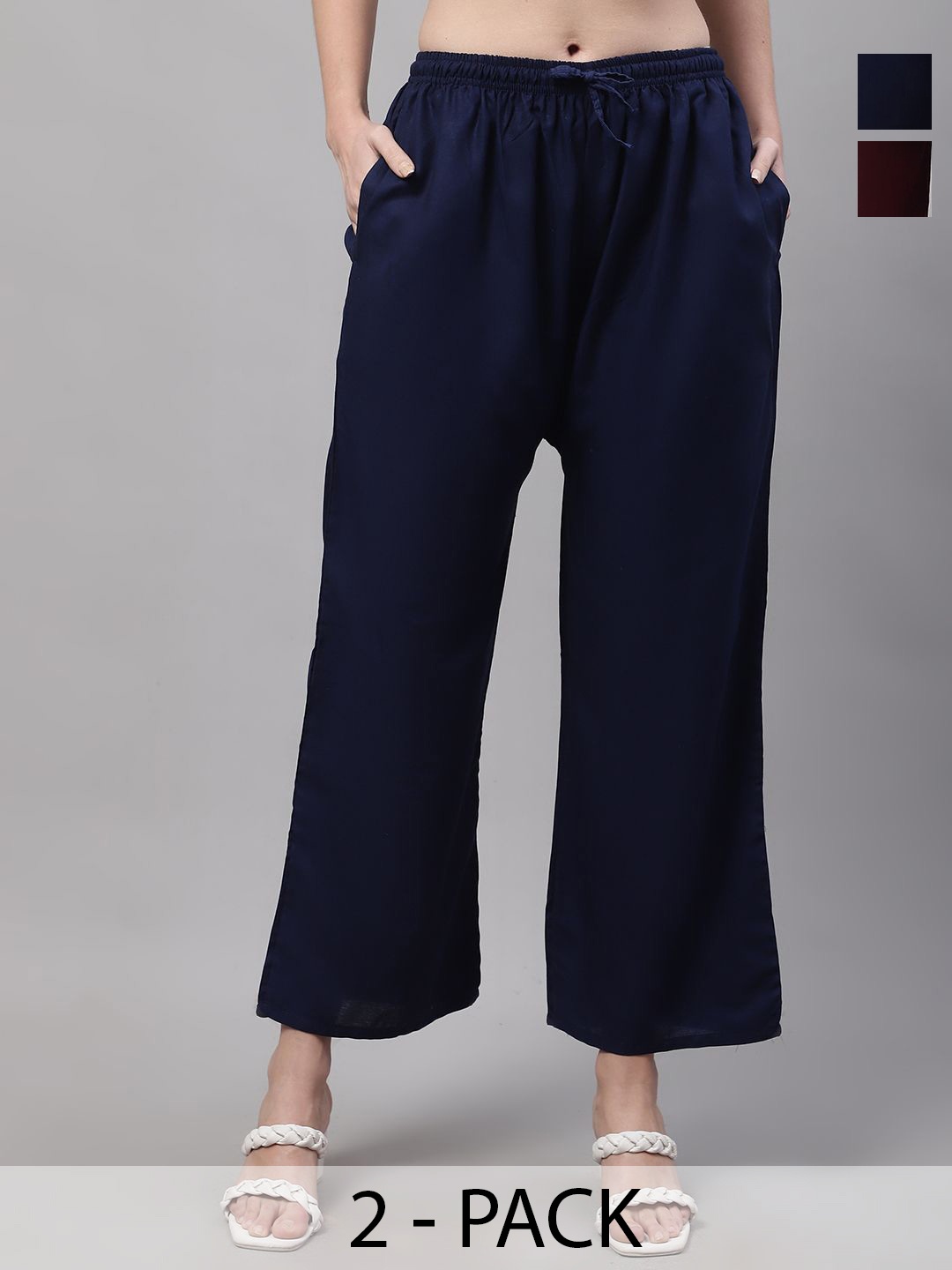 

Jinfo Women Pack of 2 Solid Knitted Ethnic Palazzos, Navy blue