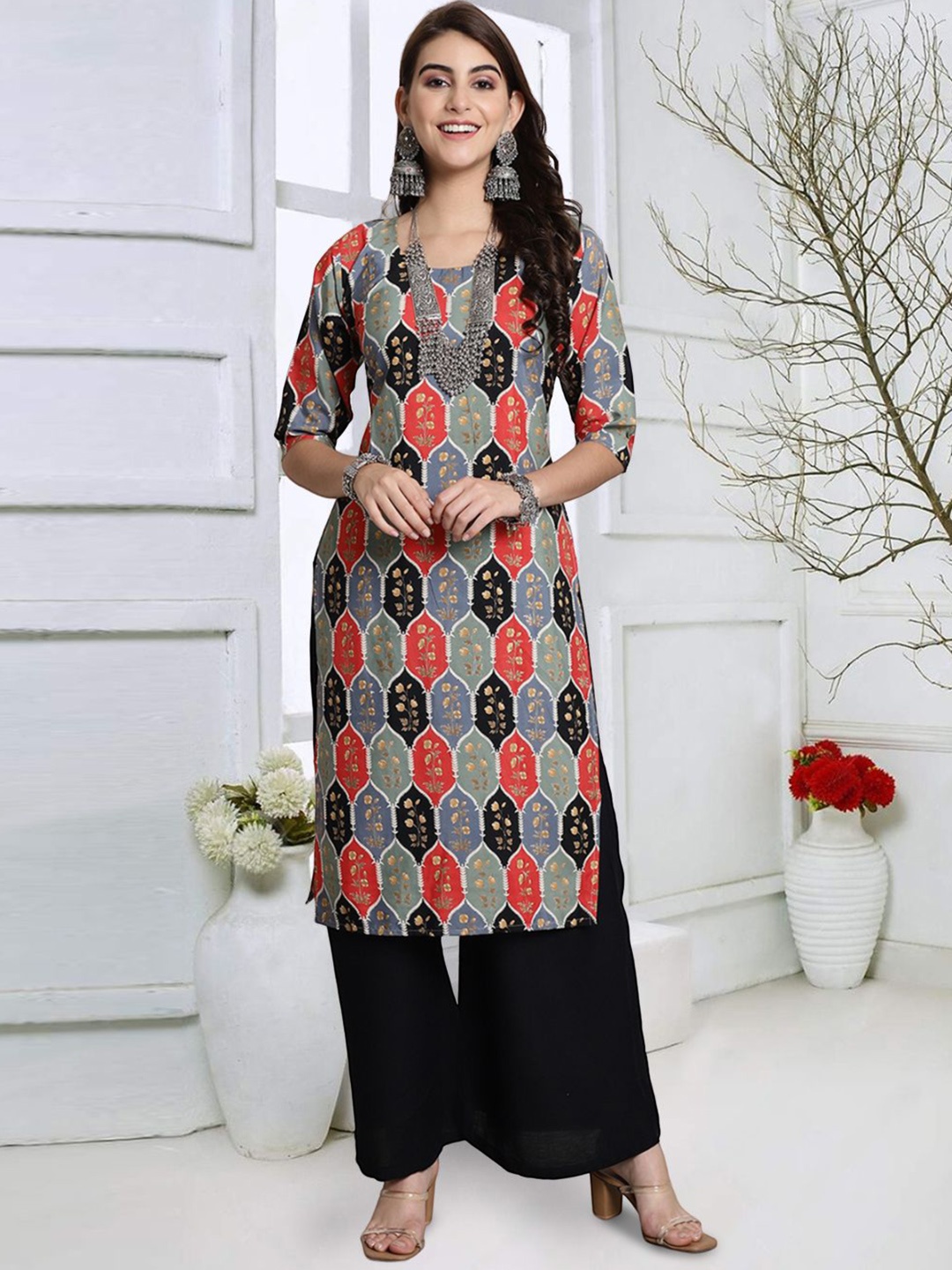 

7Threads Ethnic Motifs Printed Straight Kurta, Red