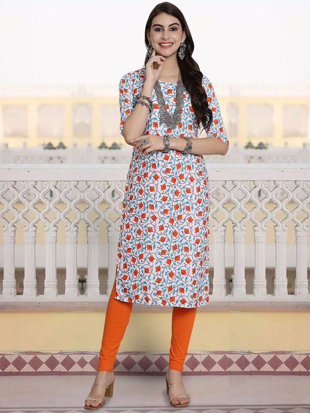 

7Threads Floral Printed Straight Kurta, White