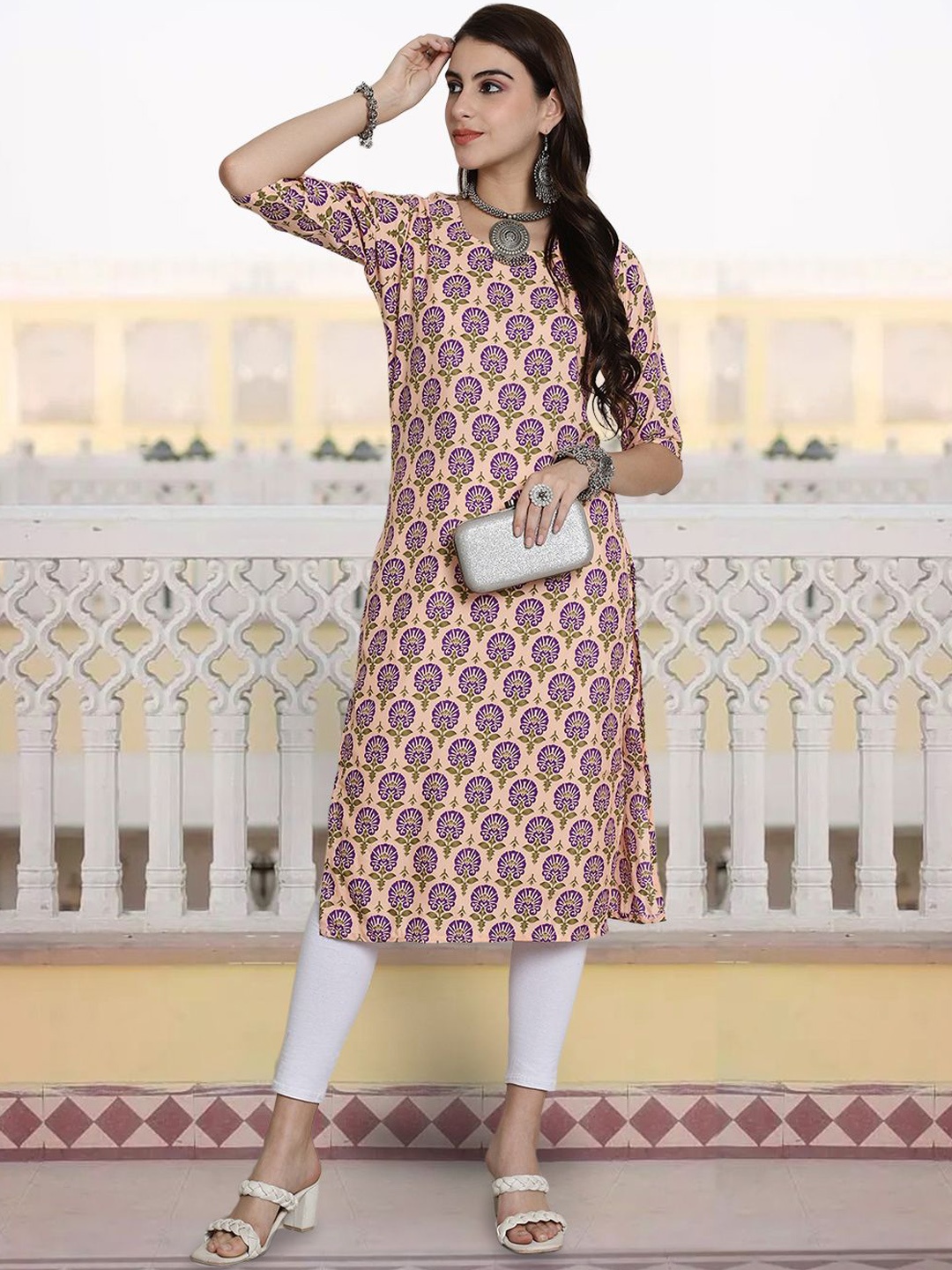

7Threads Floral Printed Round Neck Straight Kurta, Beige