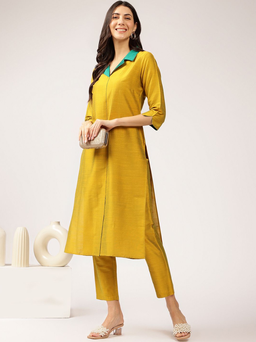 

Anouk Shirt Collar Three-Quarter Sleeves Panelled Kurta with Trouser, Mustard