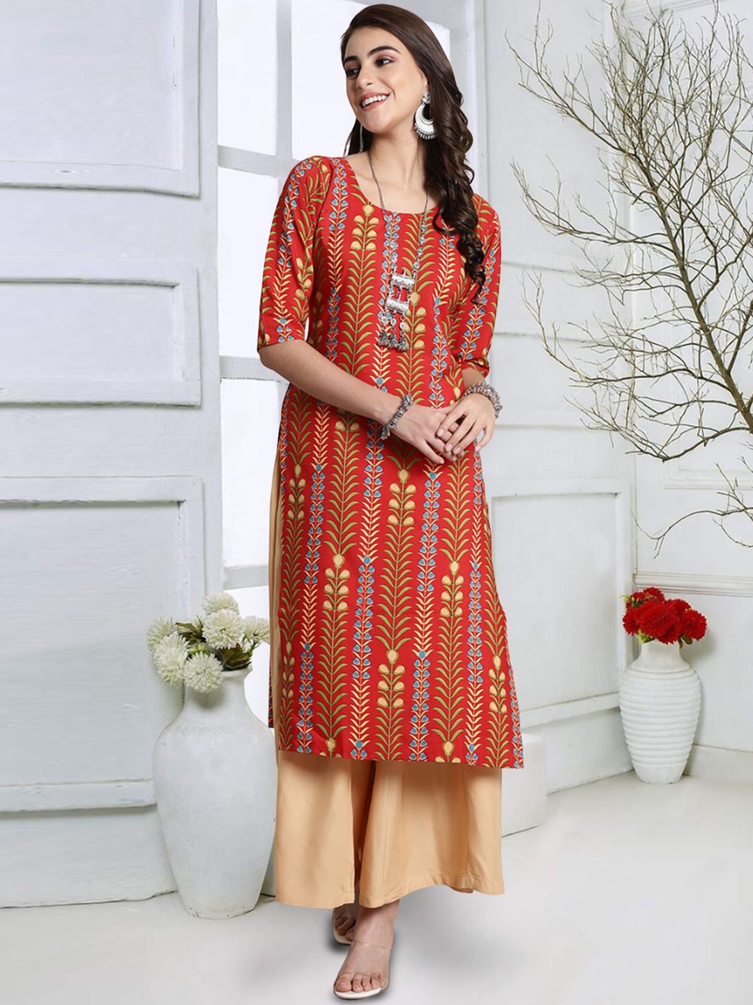 

7Threads Geometric Printed Crepe Straight Kurta, Orange