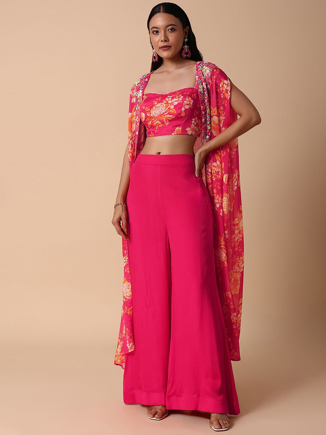 

KALKI Fashion Floral Printed Crop Top & Palazzos With Jacket, Pink