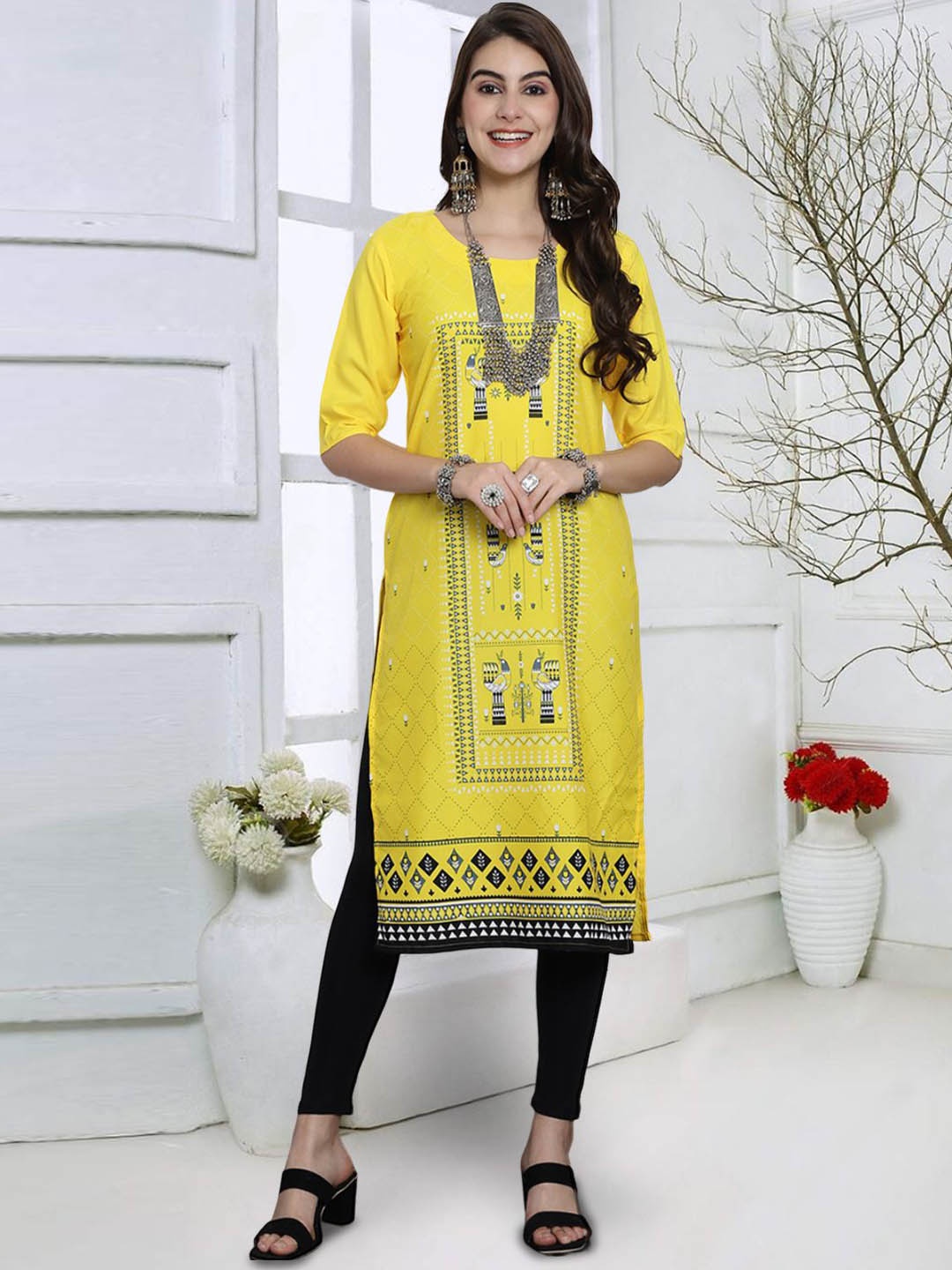 

7Threads Floral Printed Round Neck Straight Kurta, Yellow