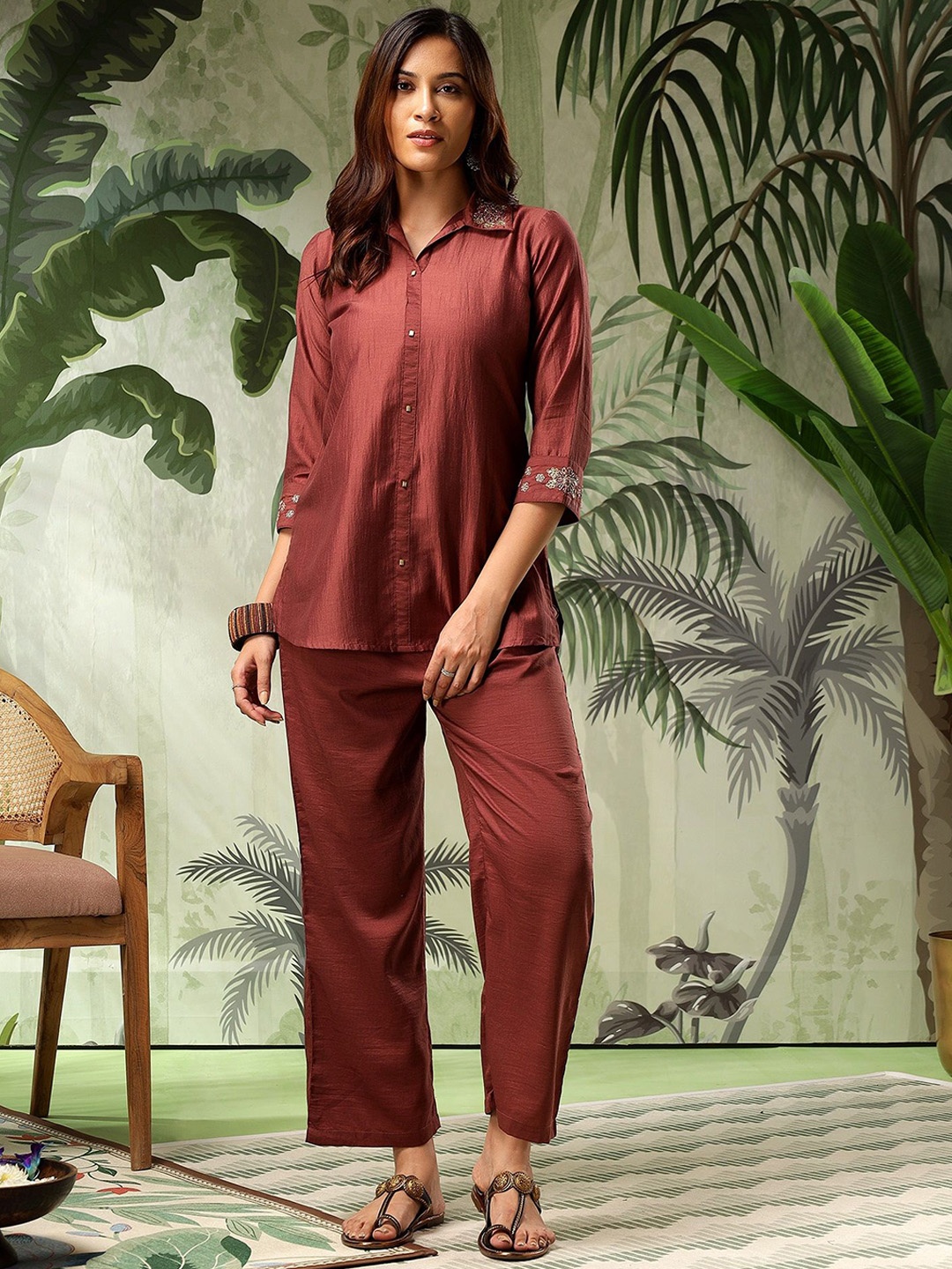 

Bani Women Embroidered Shirt Collar Pure Silk Tunic With Trousers, Brown