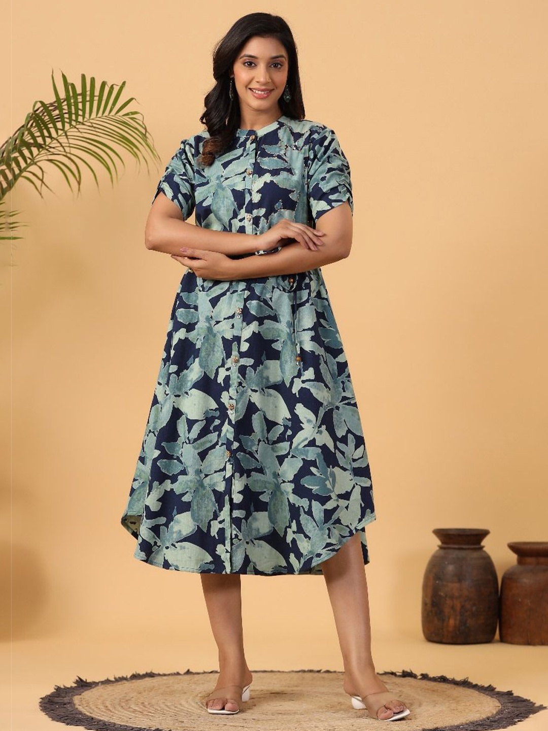 

Label Khoj Women Tropical Printed A-Line Midi Dress, Navy blue