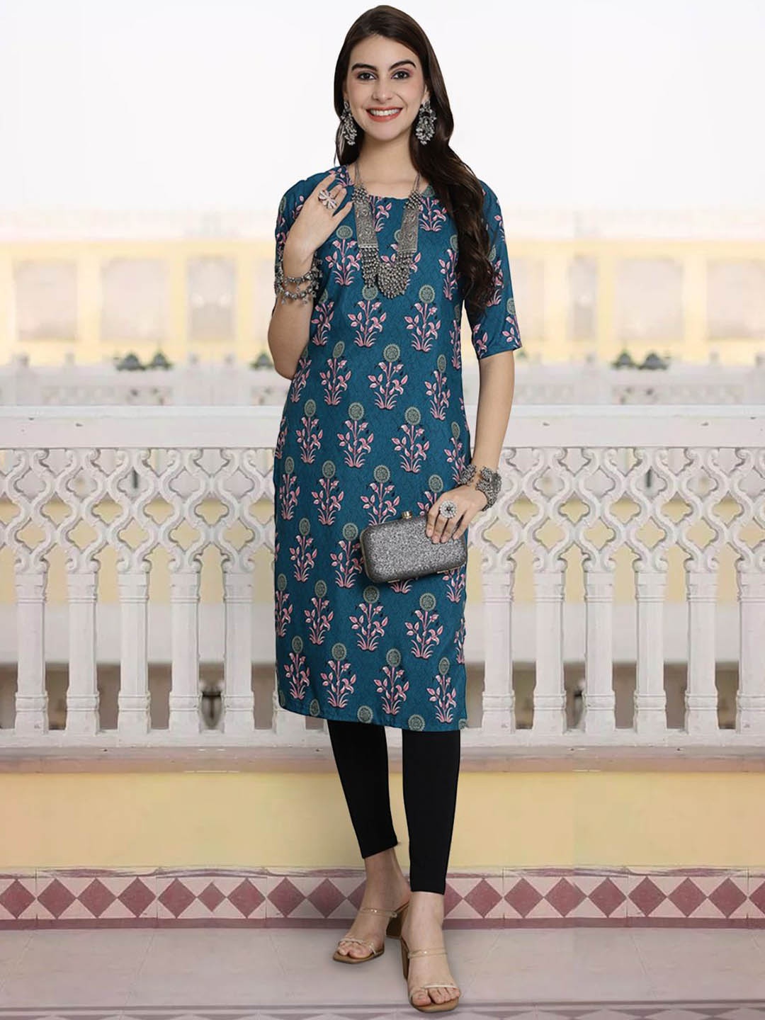 

7Threads Floral Printed Round Neck Straight Kurta, Navy blue