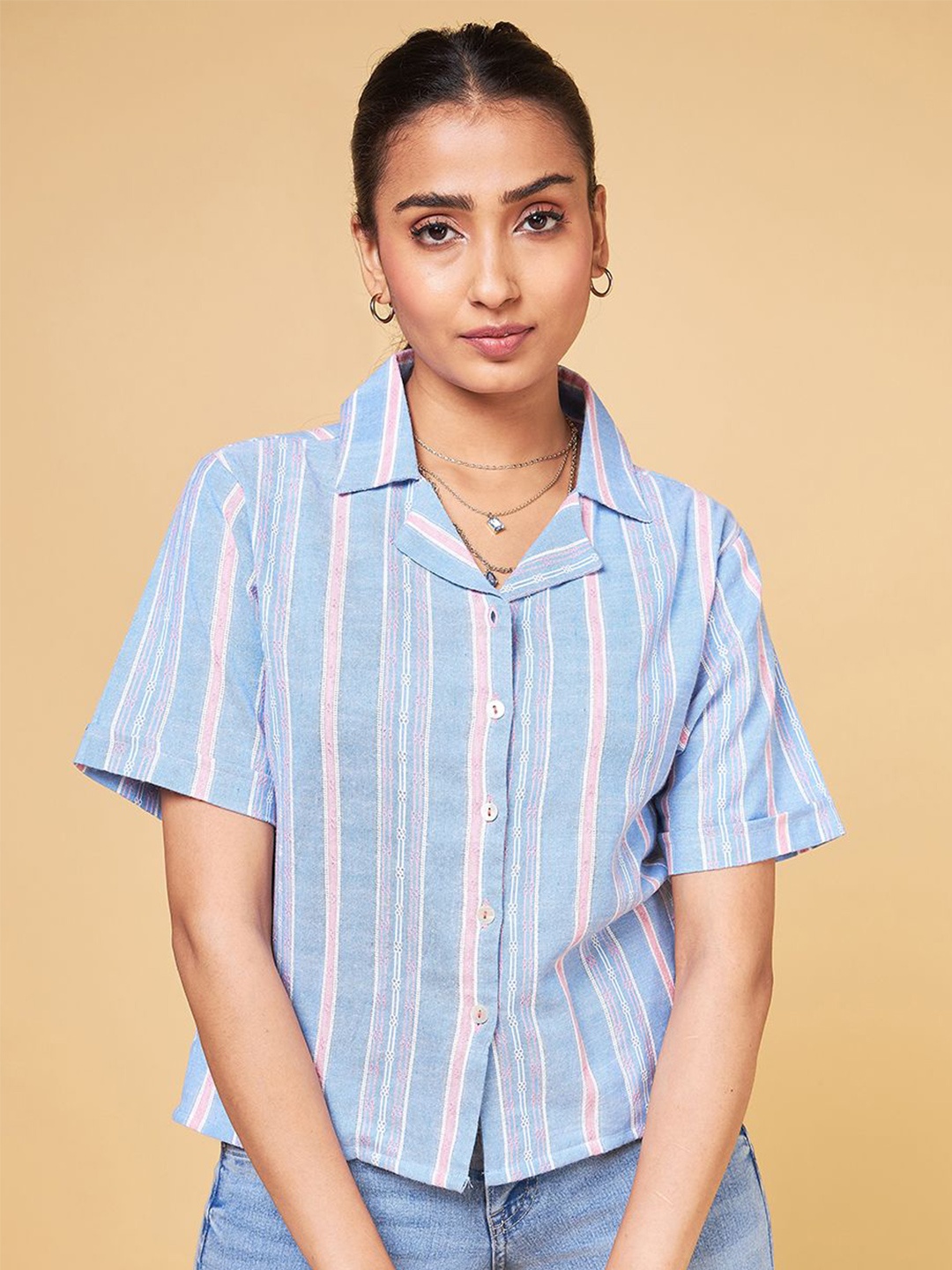 

Saaki Women Comfort Opaque Striped Casual Shirt, Blue