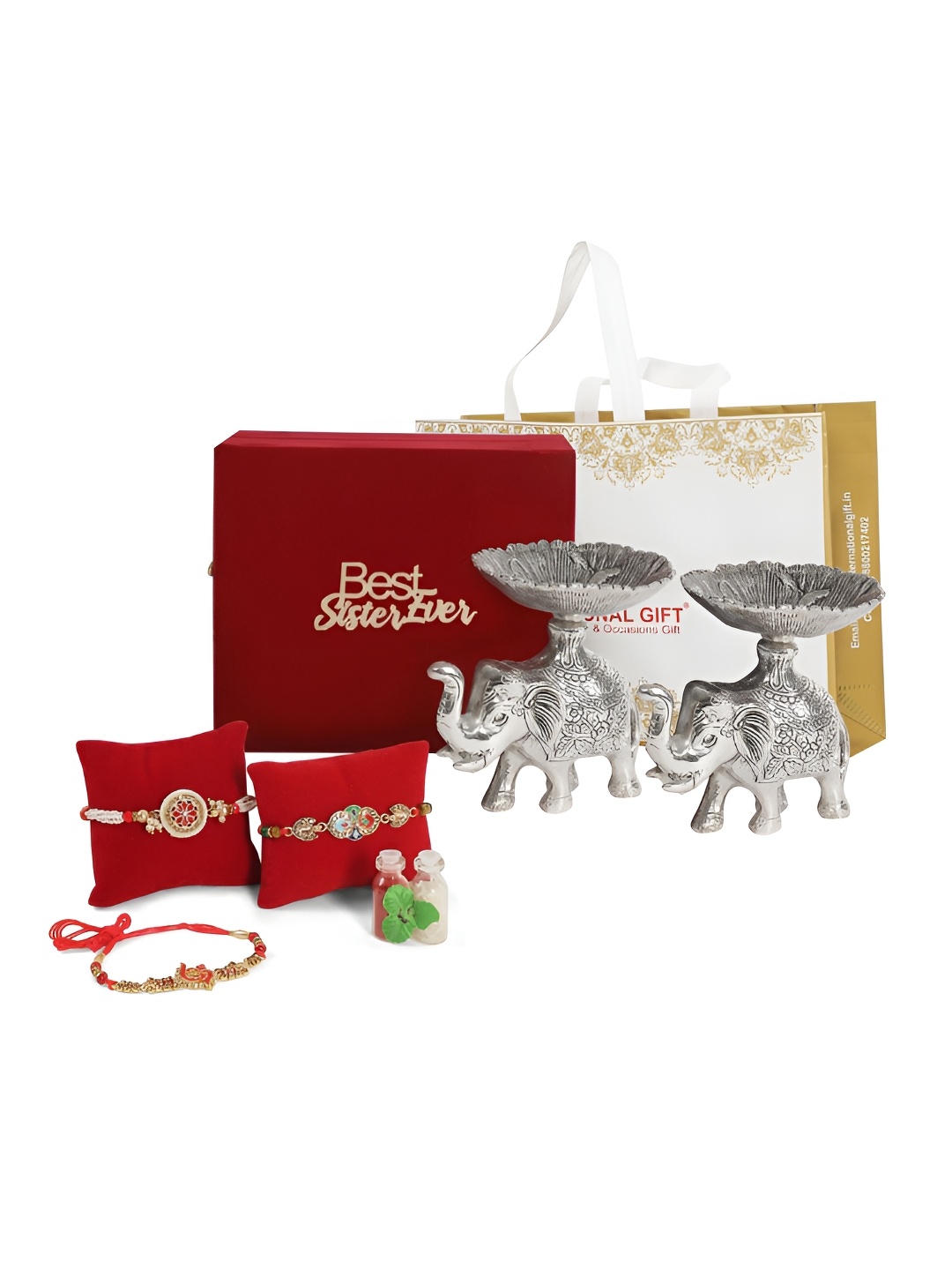 

INTERNATIONAL GIFT Silver Toned 3 Pcs Thread Rakhi With Roli Chawal & Elephant Showpiece