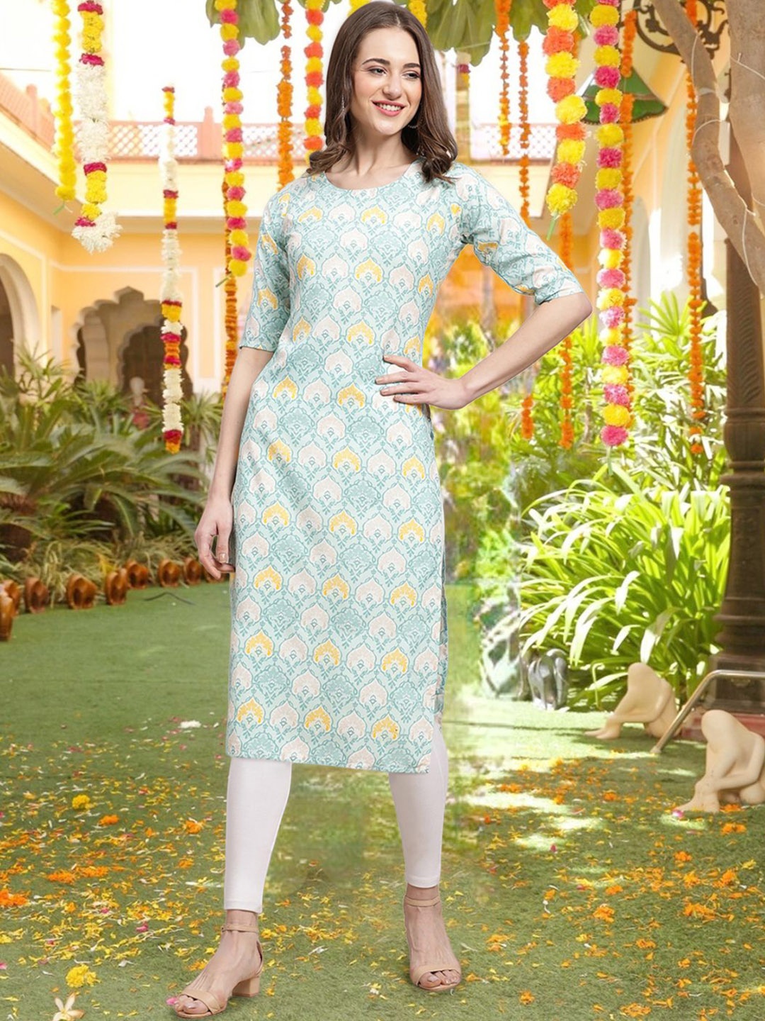 

7Threads Floral Printed Round Neck Straight Kurta, Blue