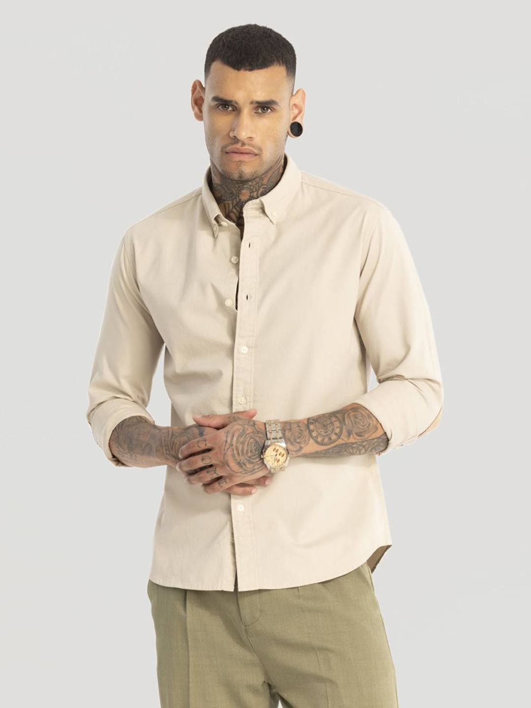 

Snitch Men Smart Button-Down Collar Solid Cotton Slim Fit Casual Shirt, Cream