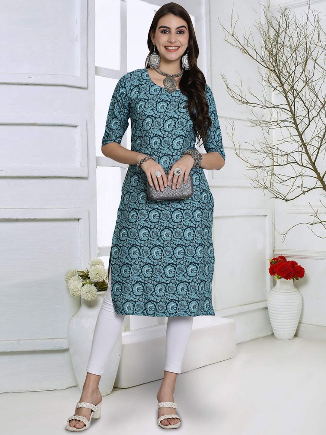 

7Threads Floral Printed Straight Kurta, Teal