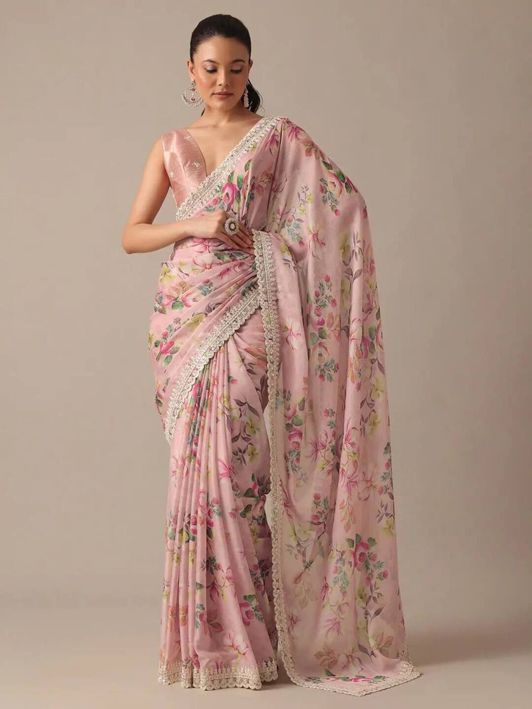 

Sanwariya Silk Floral Sequinned Pure Georgette Mysore Silk Saree, Pink