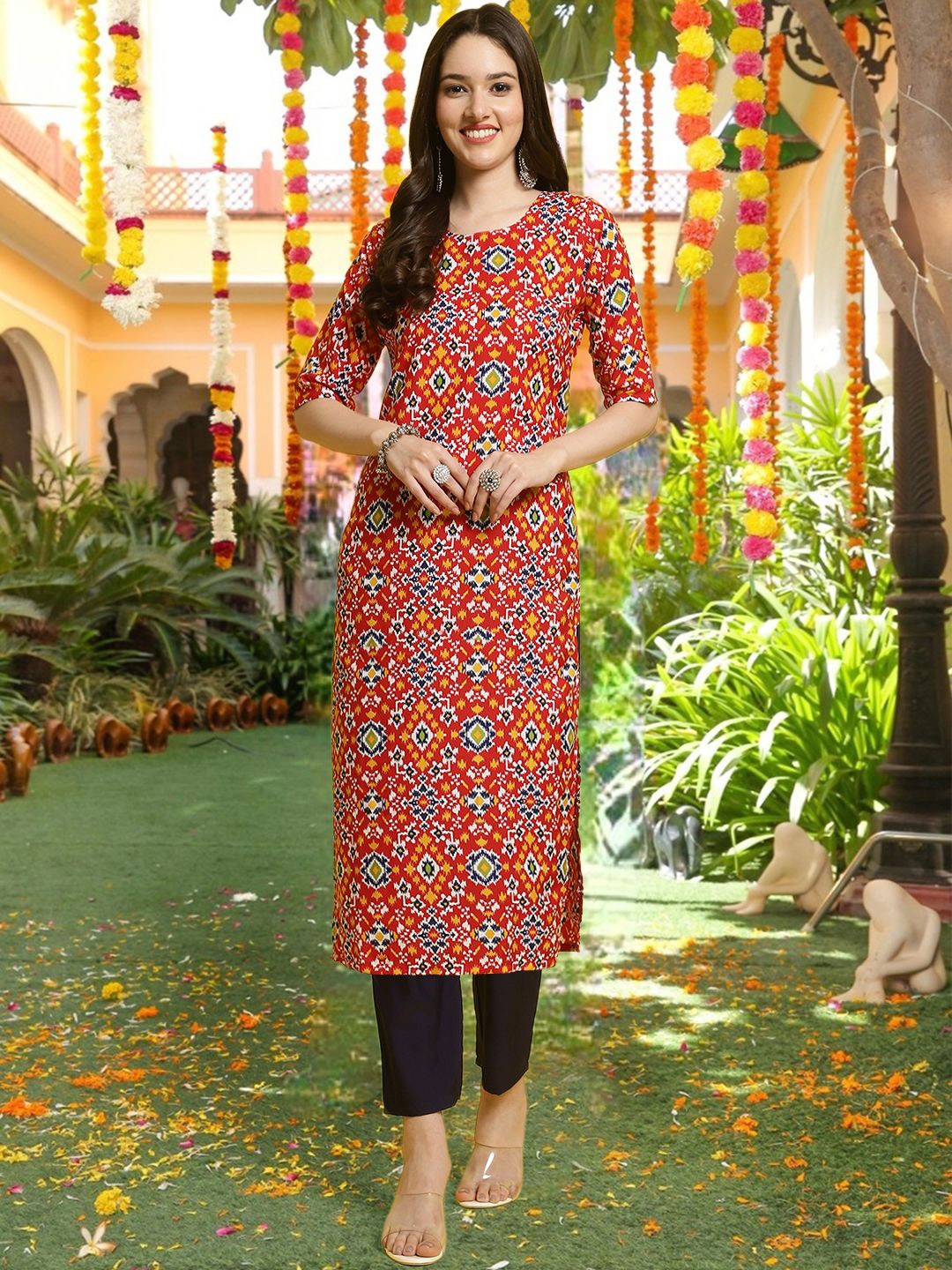 

7Threads Geometric Printed Round Neck Straight Kurta, Red