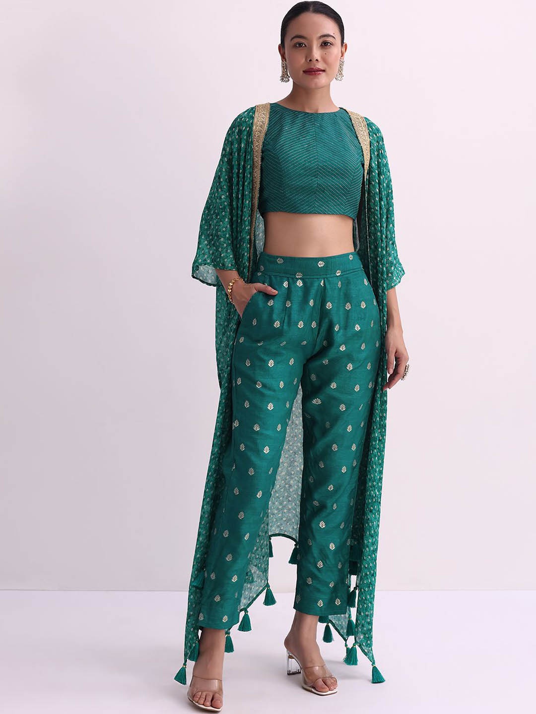 

KALKI Fashion Floral Printed Crop Top With Trousers & Shrug, Green