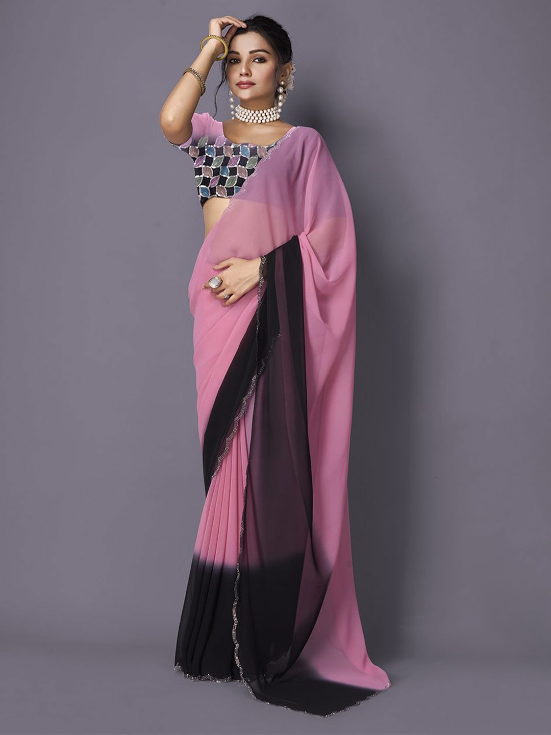 

NIRMAL CREATION Ombre Mukaish Saree with blouse piece, Pink