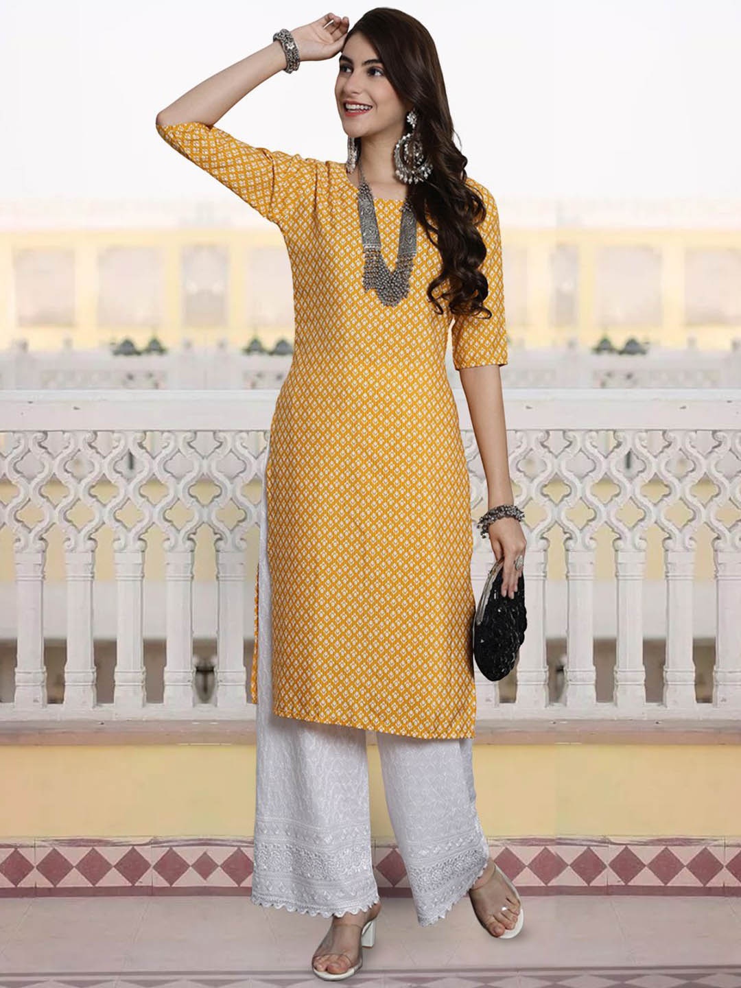 

7Threads Floral Printed Round Neck Straight Kurta, Yellow