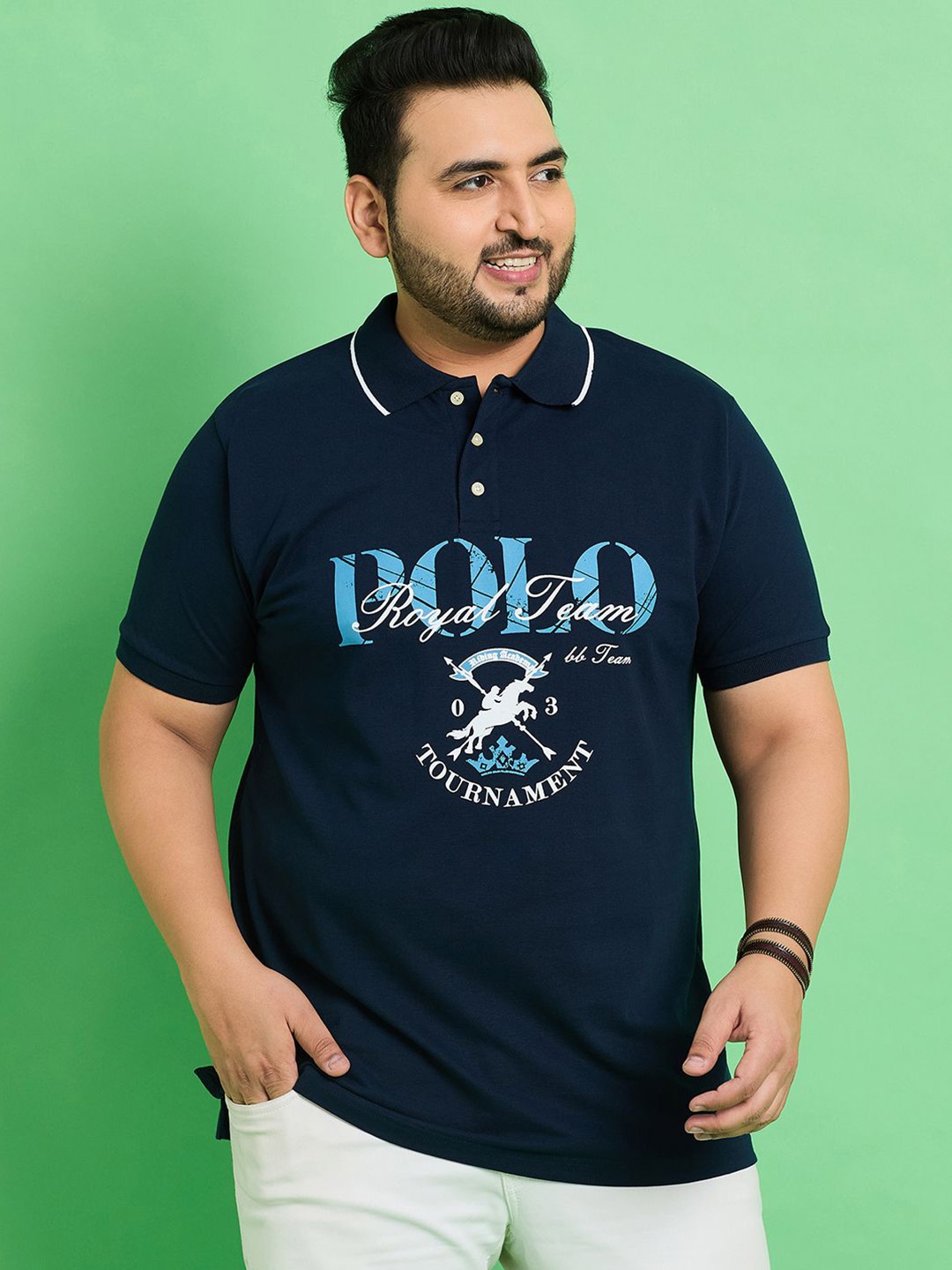 

bigbanana Plus Size Printed Polo Collar Cotton Bio Finish T-shirt, Navy blue