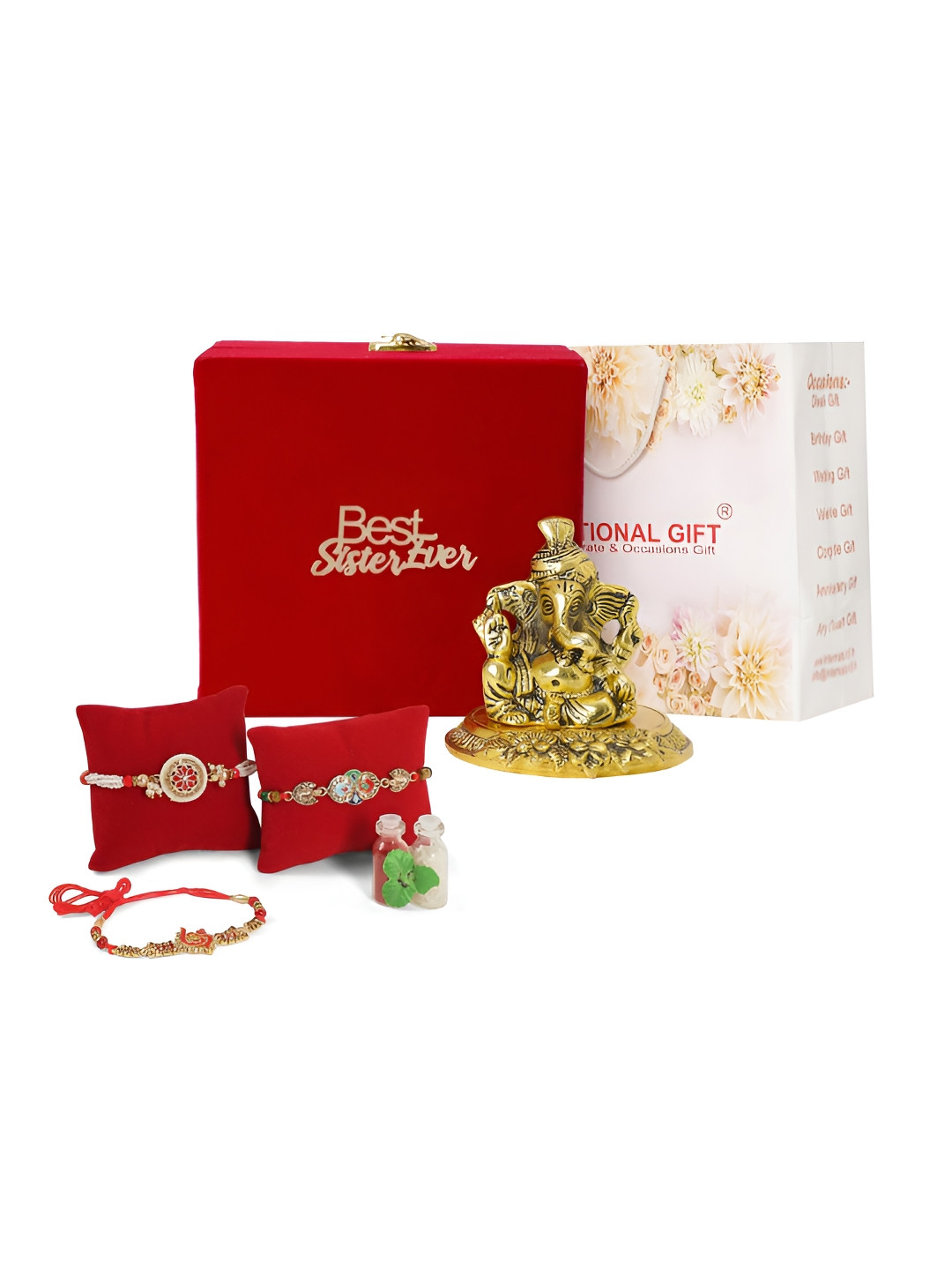 

INTERNATIONAL GIFT Set Of 3 Rakhi With Pagdi Ganesh God Idol & Roli Chawal, Gold