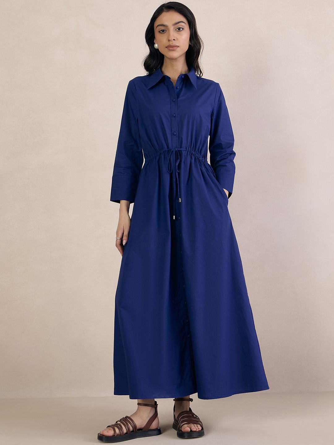 

FEMMELLA Women's Shirt Collar Long Sleeves Shirt Maxi Dress, Blue