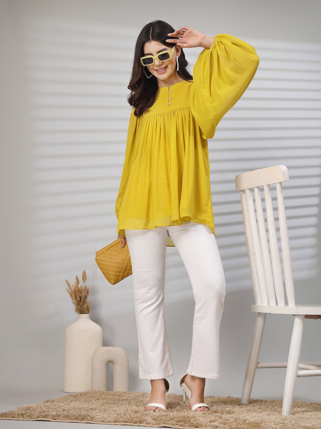

TANKHI Women Solid Round Neck Top, Yellow
