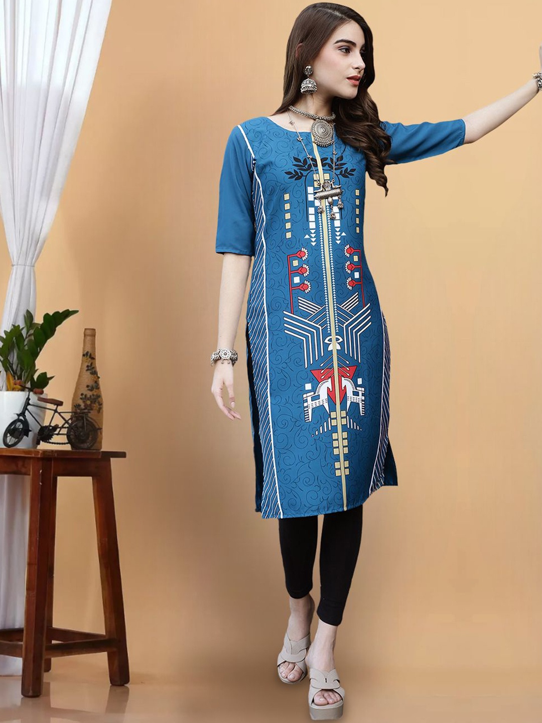 

7Threads Geometric Printed Round Neck Crepe Straight Kurta, Blue