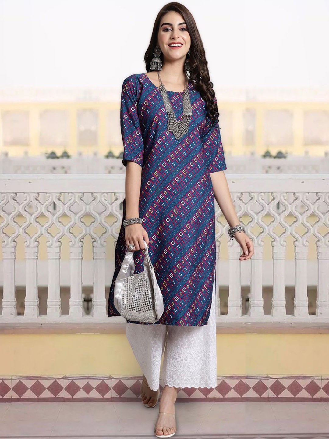 

7Threads Women Geometric Printed Mirror Work Floral Crepe Kurta, Multi