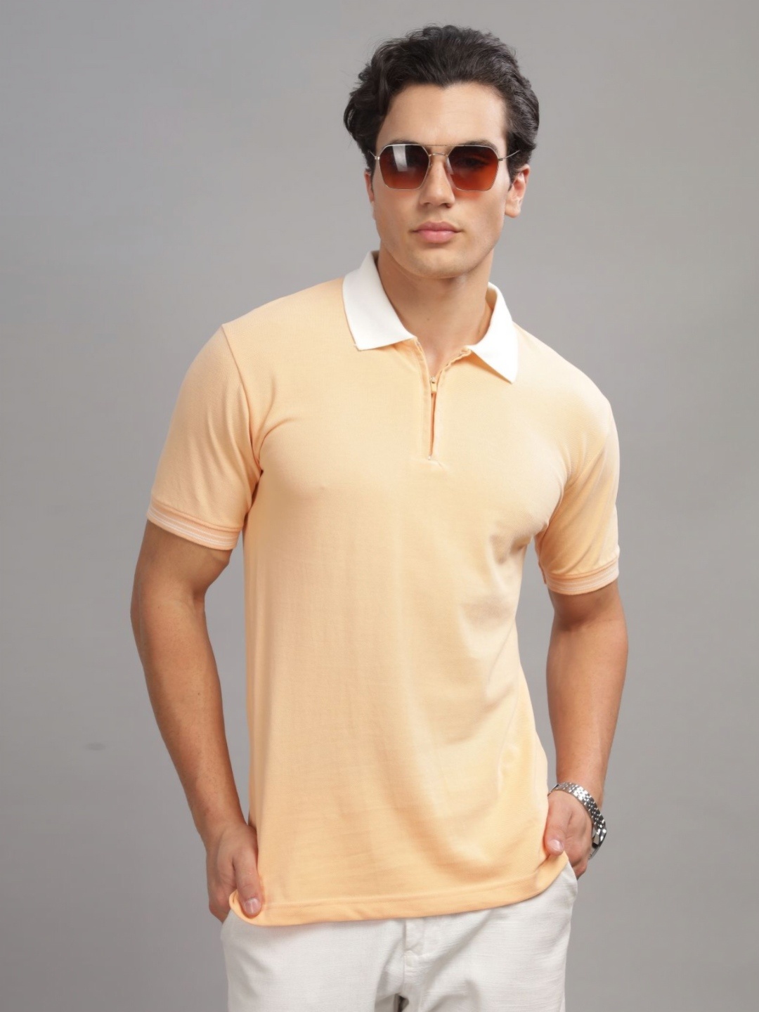 

ADRO Men Solid Round Neck Cotton T-Shirt, Peach