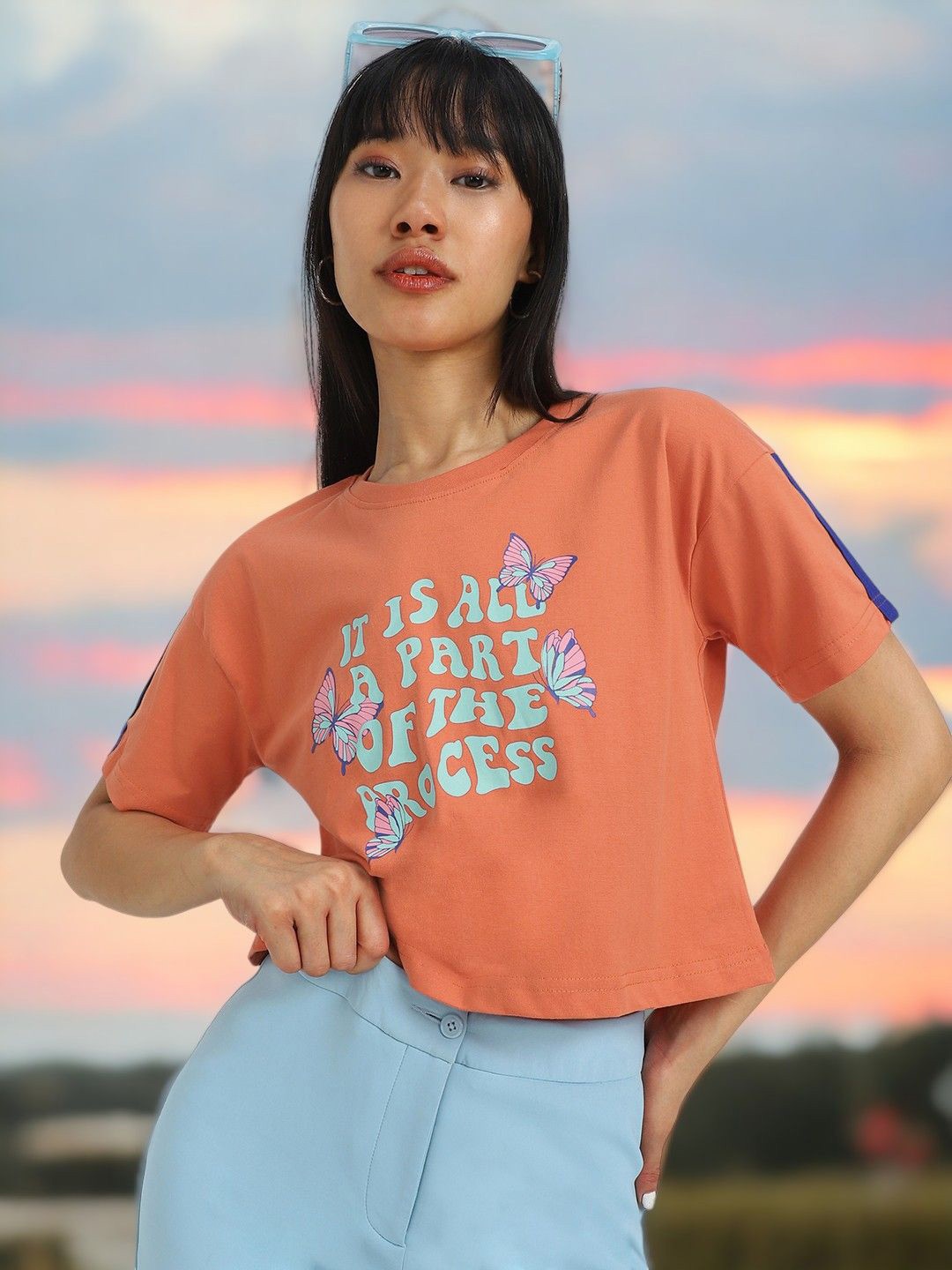 

JUNEBERRY Women Typography Printed Round Neck Pure Cotton Top, Orange