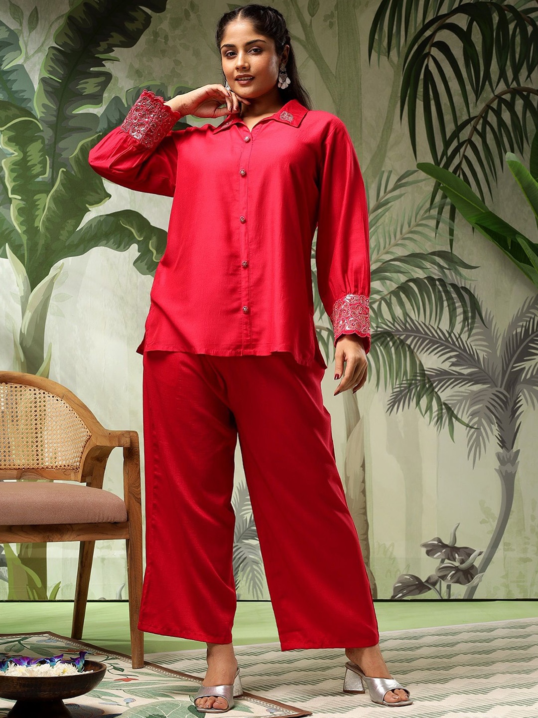 

Bani Women Plus Size Embroidered Puff Sleeves Pure Silk Shirt With Trousers, Red