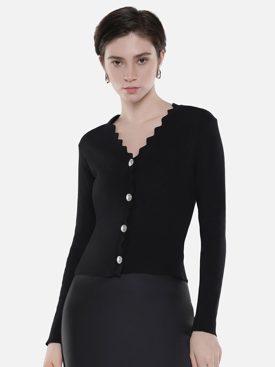 

RAREISM Women Solid V-Neck Cotton Top, Black