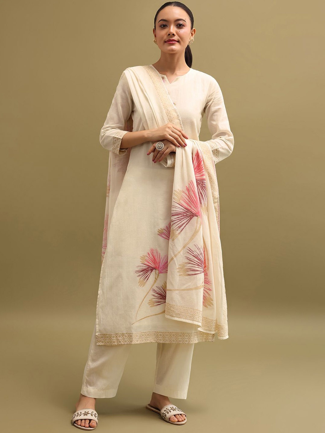 

KALKI Fashion Floral Printed Kurta with Trousers & Dupatta, Off white