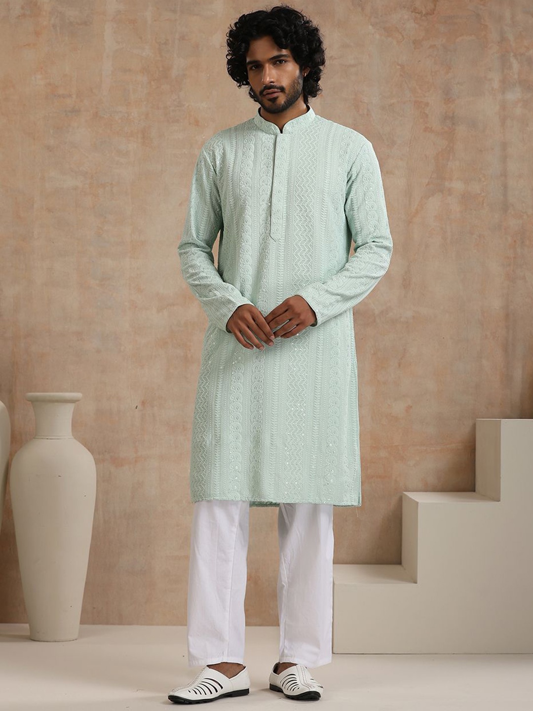 

House of Chikankari Embroidered Woven Kurta, Green