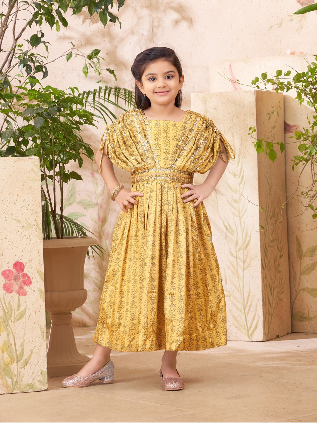 

Aarika Girls Embroidery Fit & Flare Midi Flutter Sleeves Dress, Olive