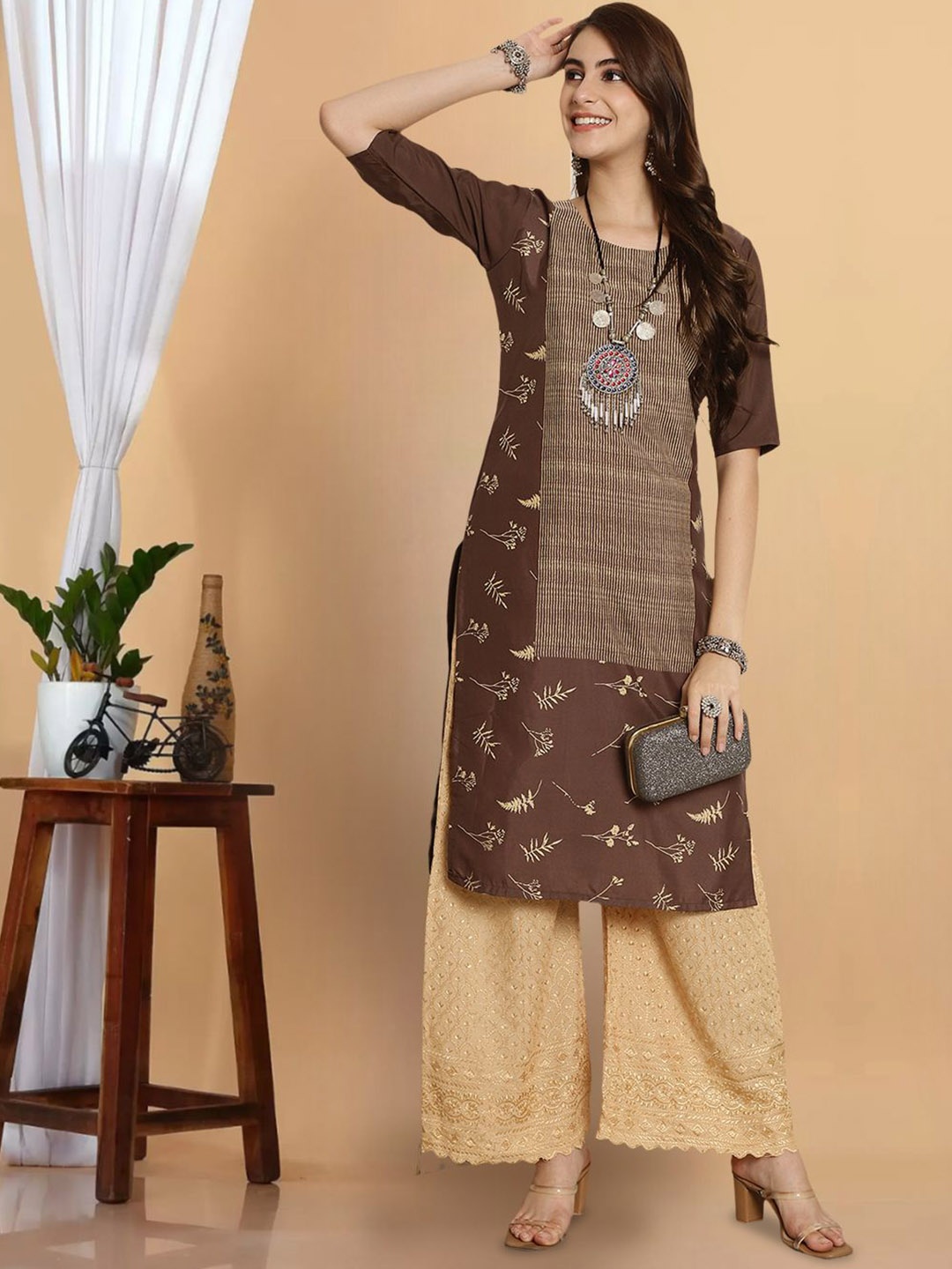 

7Threads Abstract Printed Straight Kurta, Brown