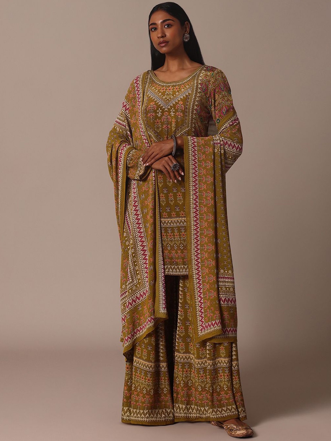 

KALKI Fashion Ethnic Motifs Printed Regular Beads and Stones Kurta With Sharara & Dupatta, Yellow