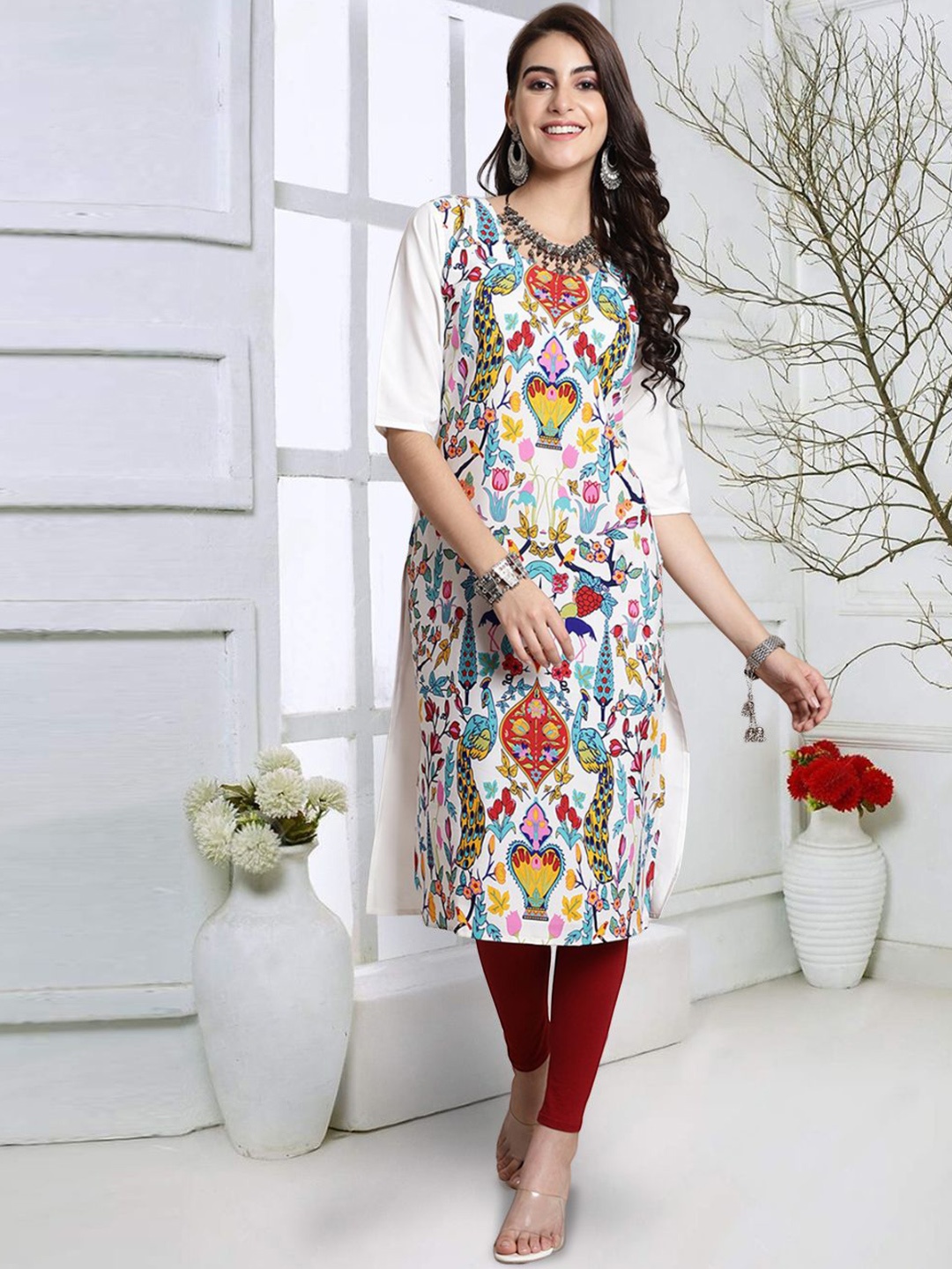 

7Threads Women Printed Keyhole Neck Mirror Work Floral Crepe Kurta, Multi