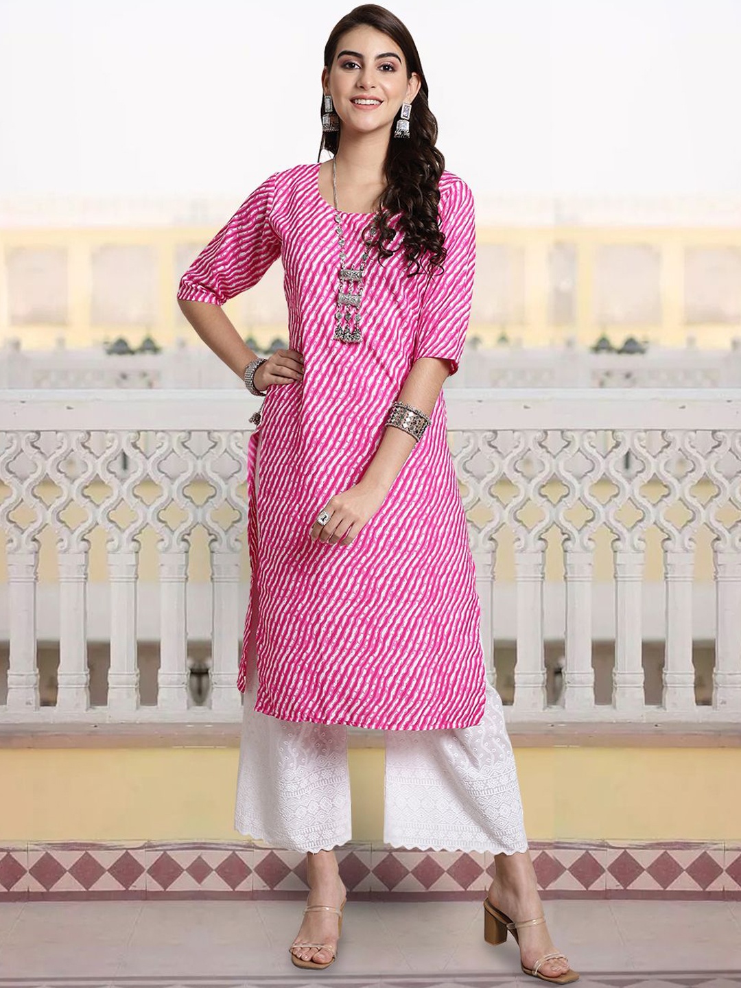 

7Threads Striped Round Neck Straight Kurta, Pink
