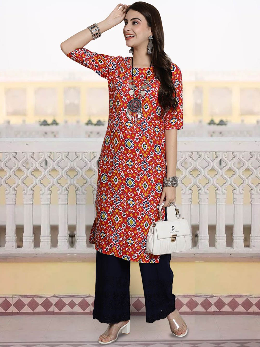 

7Threads Ethnic Motifs Printed Straight Kurta, Orange