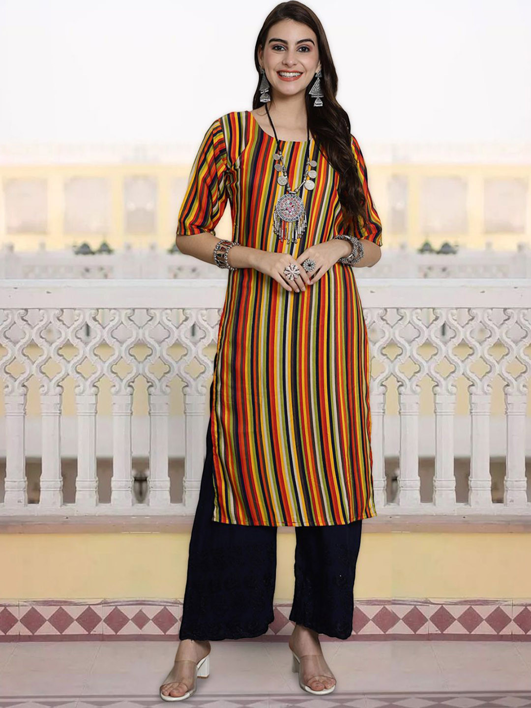 

7Threads Women Striped Floral Crepe Kurta, Multi