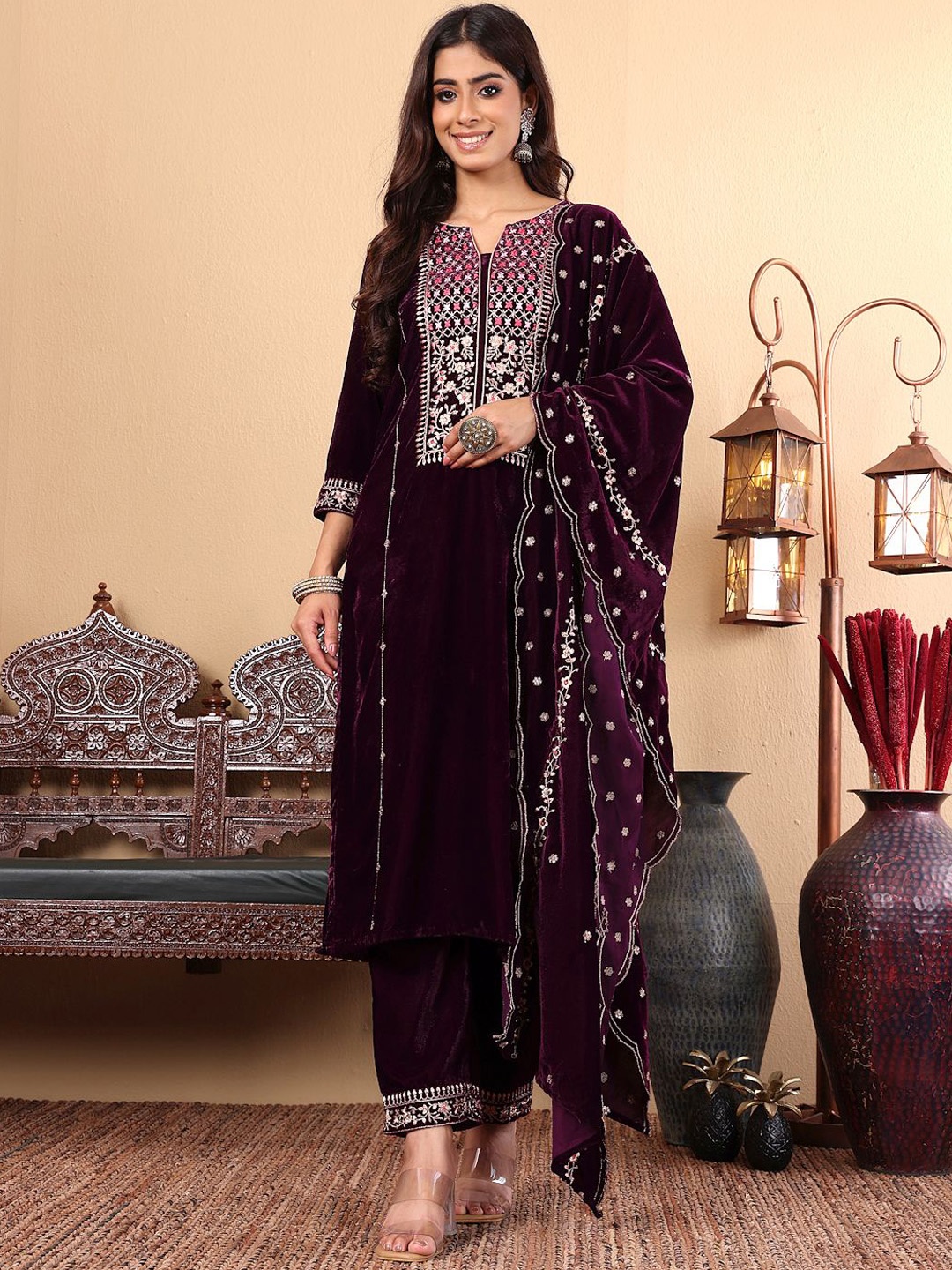 

Varanga Purple Floral Embroidered Sequinned Velvet Straight Kurta with Trousers & Dupatta