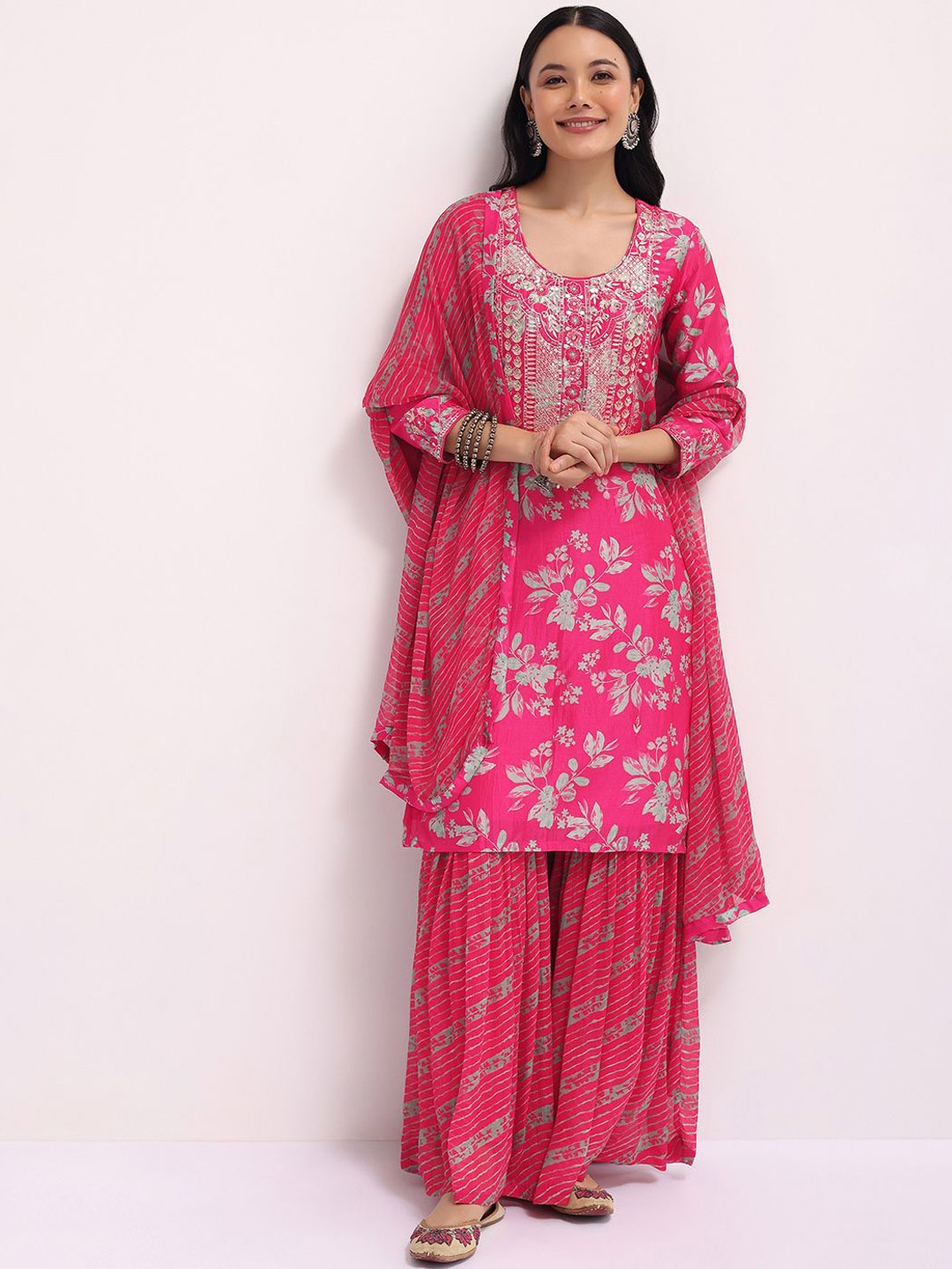 

KALKI Fashion Floral Embroidered Thread Work Kurta with Sharara & Dupatta, Pink