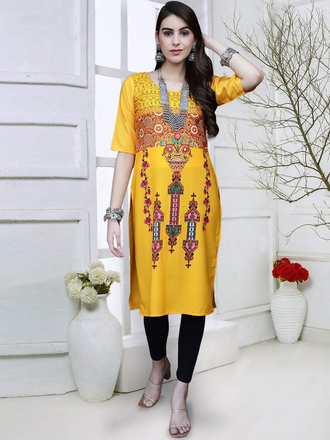 

7Threads Floral Printed Round Neck Straight Kurta, Yellow