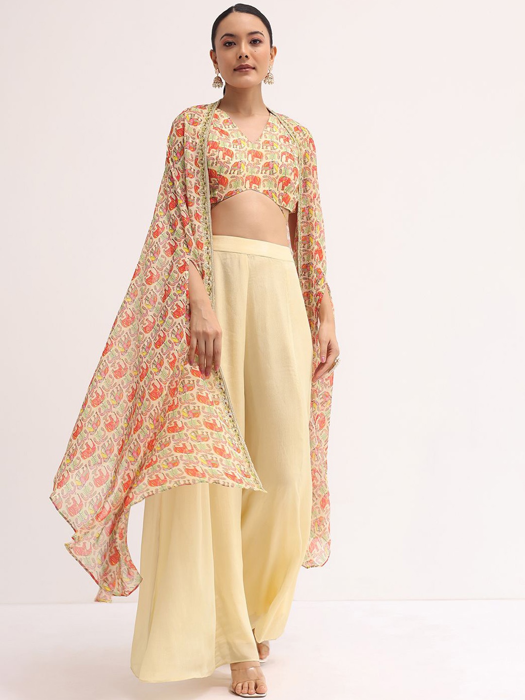 

KALKI Fashion Ethnic Motifs Printed Organza Crop Top With Palazzo & Shrug, Yellow