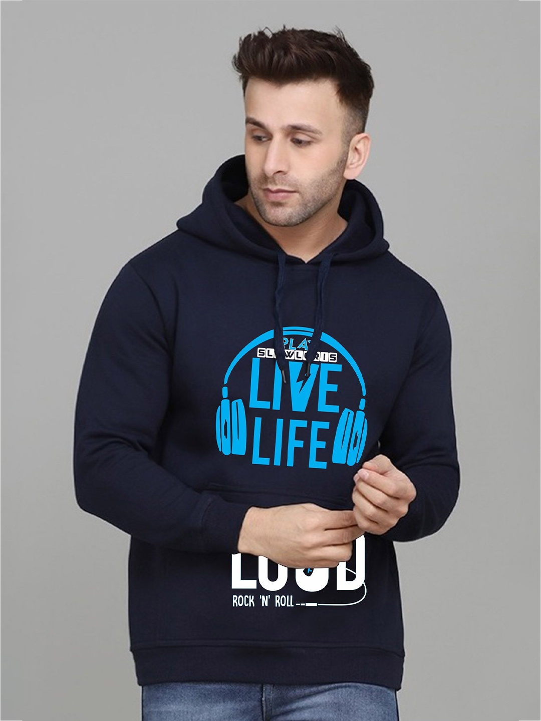 

SLOWLORIS Men Typography Printed Hooded Sweatshirt, Navy blue